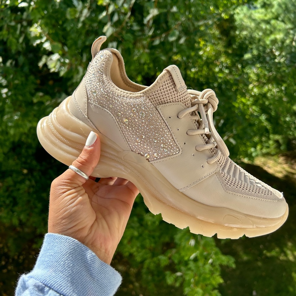 Steve Madden “Celtine” Beige Rhinestone Dad Sneaker